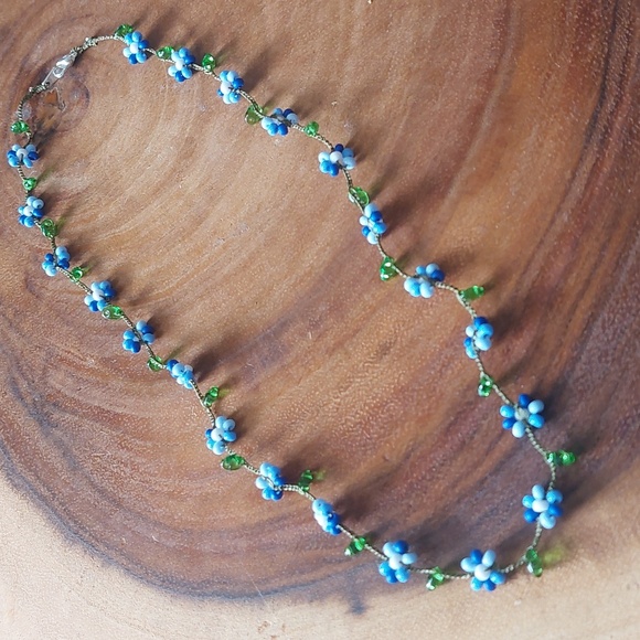 Hand Crafted Dainty Floral Necklace, Blues, 18 Inch, By Rust Belt Raised - Picture 10 of 12
